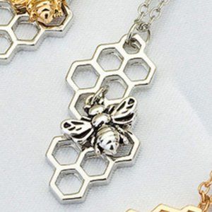 Silver Honeycomb & Bee Charm Necklace